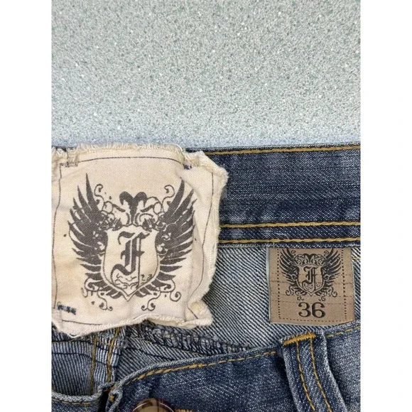 FUSAI Focus USA Mens Straight Leg 36 Streetwear Jeans Embroidered Pockets Y2K - Picture 7 of 16
